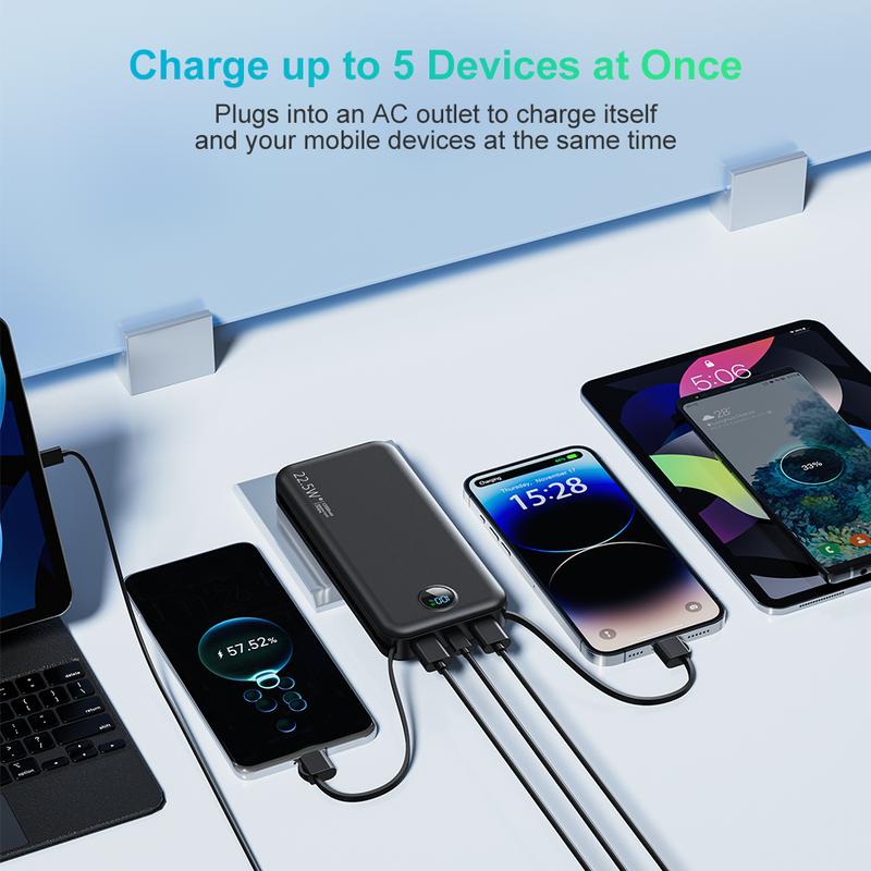 12000mAh Portable Charger with Built-in Cables and AC Wall Plug, Slim Fast Charging USB C Power Bank, Travel Essential Battery Pack with LED Display Compatible with iPhone, iPad, Samsung etc, Christmas Gifts