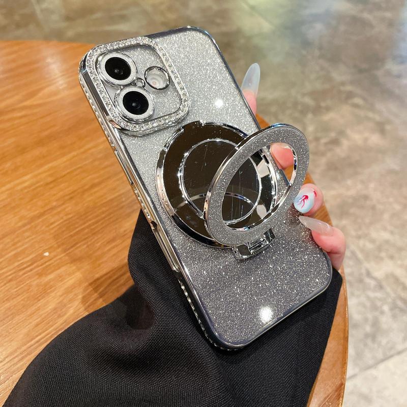 Glitter Rhinestone Phone Case with Ring Mirror Holder, 1 Count Fashion Phone Protective Cover, Phone Accessories for iPhone 15 Pro Max 14 Plus 13 12