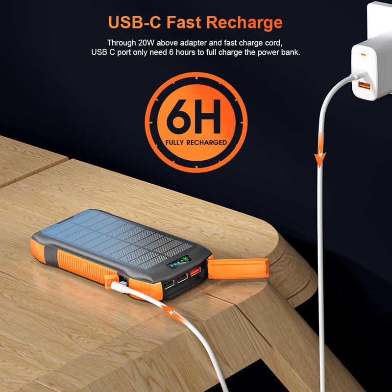 Solar Power Bank, PD20W QC3.0 Fast Charging 10W Wireless Charger 33500mAh Solar Powered Powerbank with Type C Input Output, 5 output ports for efficient charging，IP67 Waterproof, anti-fall，Camping Flashlight。 Suitable for outdoor activities, etc