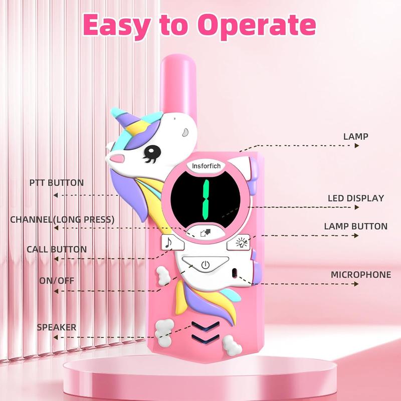 Unicorn Walkie Talkie for 3-12 Years Old Toys, 3 Channel Two-Way Radio Toy, Range 2 Miles, Suitable for Outdoor, Camping, Hiking (Pink) Clear Sound