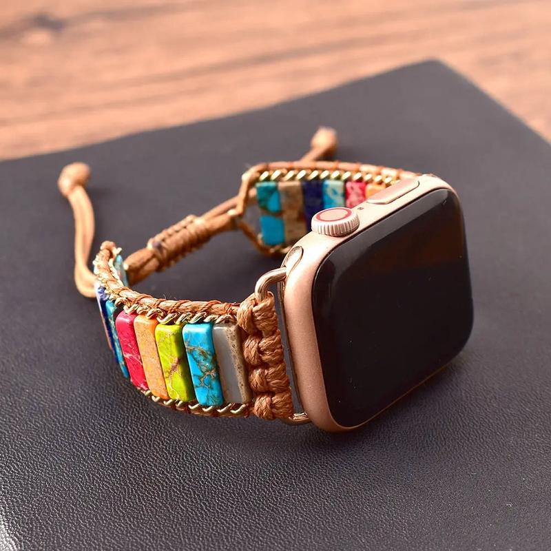 Boho Stone Bracelet Compatible with iWatch Band 38 40mm Women, Handmade Chakra Energy Natural Stone Summer Colorful Stone Strap for iWatch Series 9 8 7 6 5 4 3 2 1 SE Ultra Accessories Wearable