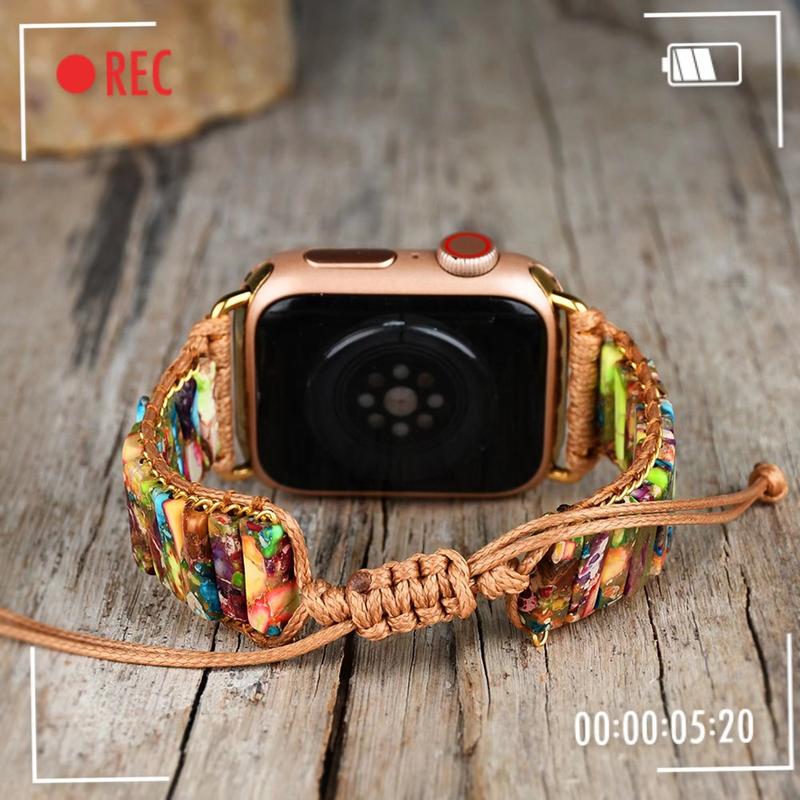 Boho Stone Bracelet Compatible with iWatch Band 38 40mm Women, Handmade Chakra Energy Natural Stone Summer Colorful Stone Strap for iWatch Series 9 8 7 6 5 4 3 2 1 SE Ultra Accessories Wearable