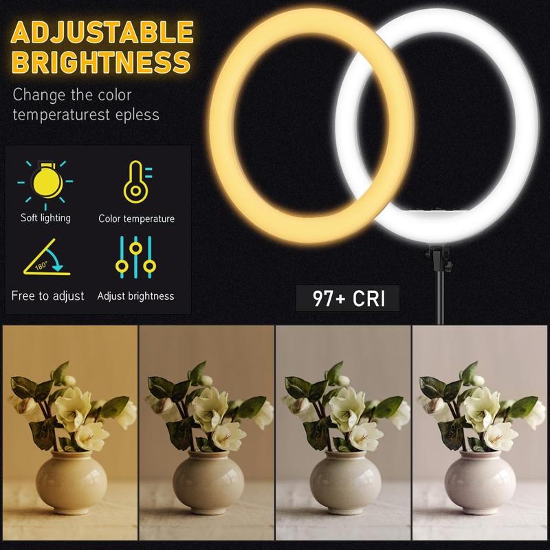 Aluminum Alloy Ring LED Light with Adjustable Tripod Stand, Dimmable Photography Video Lighting Kit CRI 97+ with Wireless Bluetooth Remote Controller for Computer Streaming iPhone iPad Selfie Camera Recording YouTube TikTok Zoom