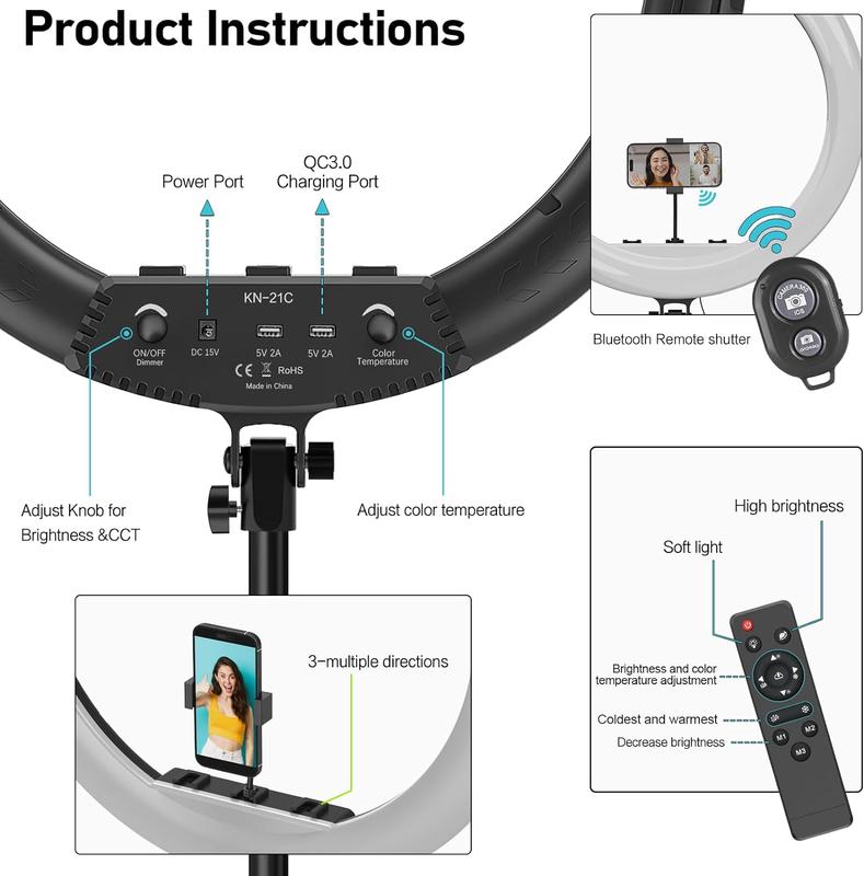 Aluminum Alloy Ring LED Light with Adjustable Tripod Stand, Dimmable Photography Video Lighting Kit CRI 97+ with Wireless Bluetooth Remote Controller for Computer Streaming iPhone iPad Selfie Camera Recording YouTube TikTok Zoom