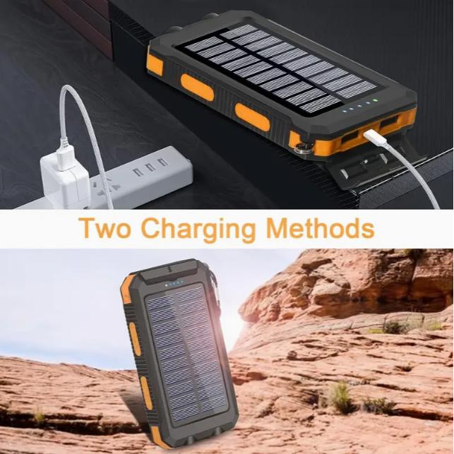 Solar charger, portable solar power supply, suitable for all mobile phones, waterproof battery pack, outdoor external backup power charger dual USB 5V output LED flashlight, very suitable for camping trips