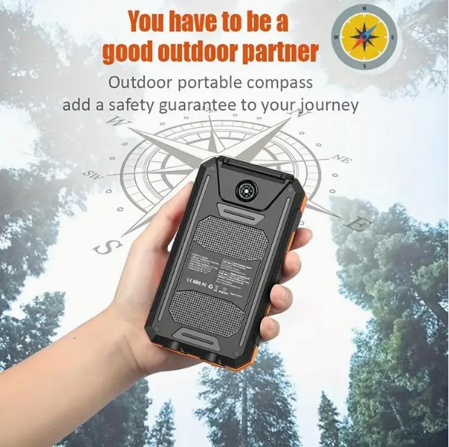 Solar charger, portable solar power supply, suitable for all mobile phones, waterproof battery pack, outdoor external backup power charger dual USB 5V output LED flashlight, very suitable for camping trips