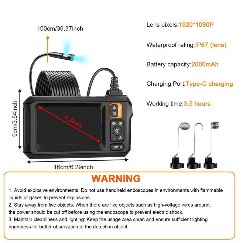 Dual Lens Endoscope Camera, 4.3 Inch HD Monitor Camera with 8mm Detection Lens, IP67 Waterproof Car Inspection Tool for Car Maintenance