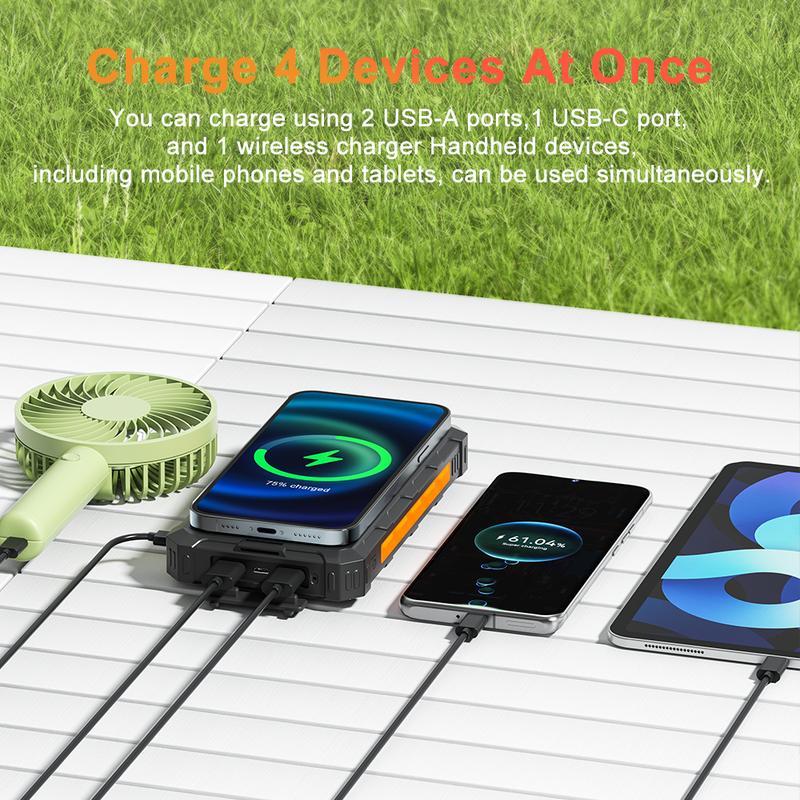 Solar Charger Power Bank, 20000mAh Portable 15W Wireless Charger with USB C Input Output ,QC3.0 PD20W Four output ports for Cell Phones External Battery Pack with ,Outdoor hiking, LED lighting，mountain climbing