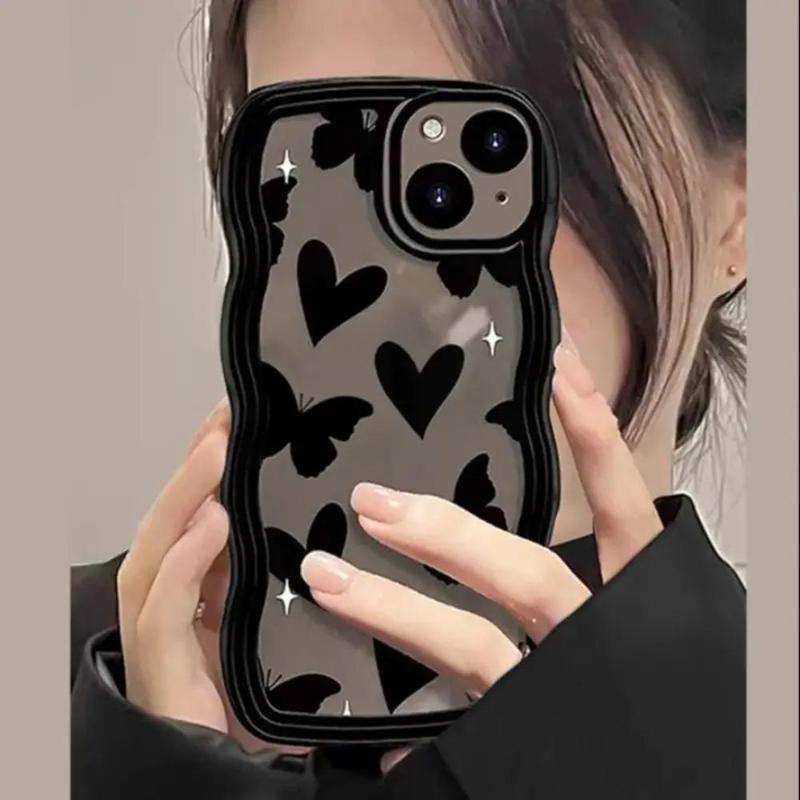 Butterfly & Heart Pattern Phone Case With Wrist Strap, Shockproof Wavy Edge Smartphone Protective Cover, All-inclusive Phone Cases for iPhone 11 12 13 14 15 Pro Max 15 14 Plus