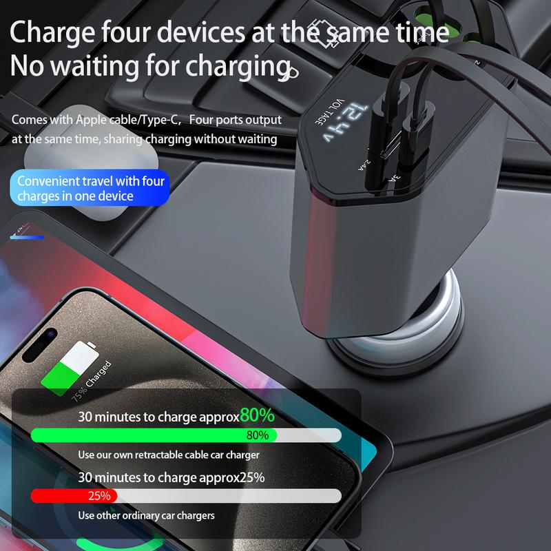 4 in 1 carcharger , USB C Fast Charging Adapter [Max100W] with Lightning Calendula Charge Port Compatible with iPhone Pro Max Plus iPad Air Pods, Samsung Galaxy , Google Mobile Electronic Smartphone Devices Connection accesorios para autos retractable