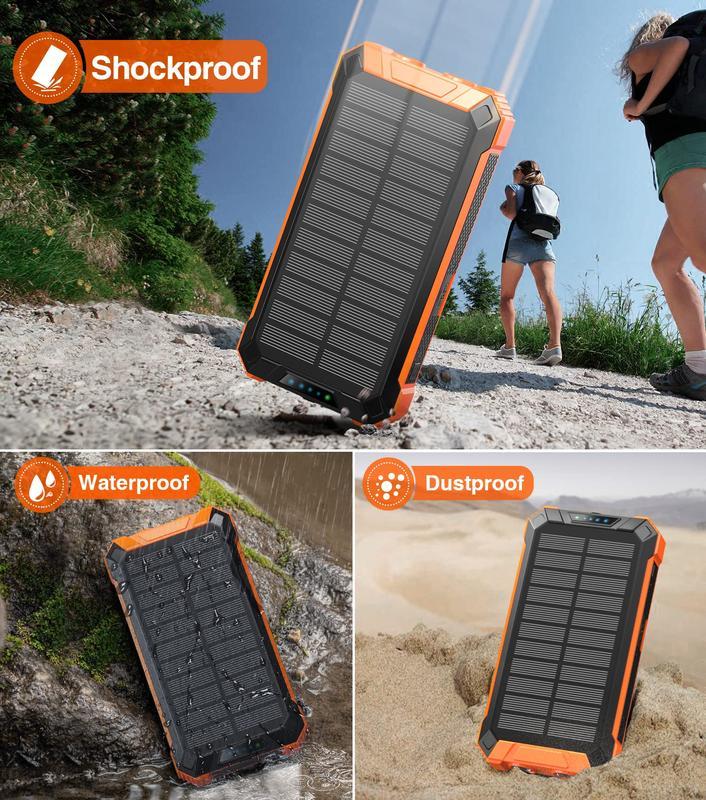 36000mAh Solar Charger Power Bank Wireless Charger Built in 4 Cables 6 Outputs, 18W Fast Charging Power Bank for All Mobile Devices with Dual Flashlights