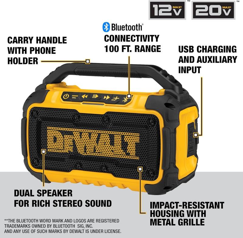 20V MAX Bluetooth speaker, 100-foot range, durable, suitable for worksite use, with phone stand Wireless Connection  Handy Stereo