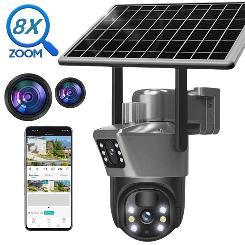 Solar Powered Wireless Outdoor Security Camera, 2K Wifi Security Camera with 360° View Pan Tilt, Low Power Consumption Solar CCTV,  Dual Lens Camera with Two-Way Audio