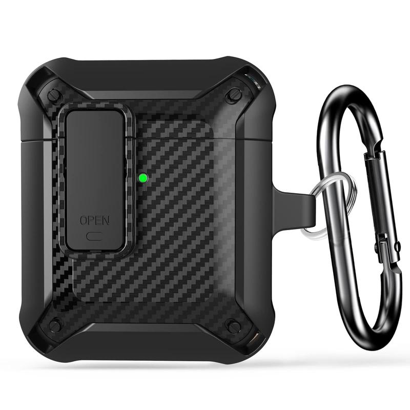 Airpod Case with Lock Compatible with Apple Airpods Case 2nd Generation Case, Rugged Case Cover for AirPods 1st Charging Case with Keychain for Men Women[Front LED Visible]