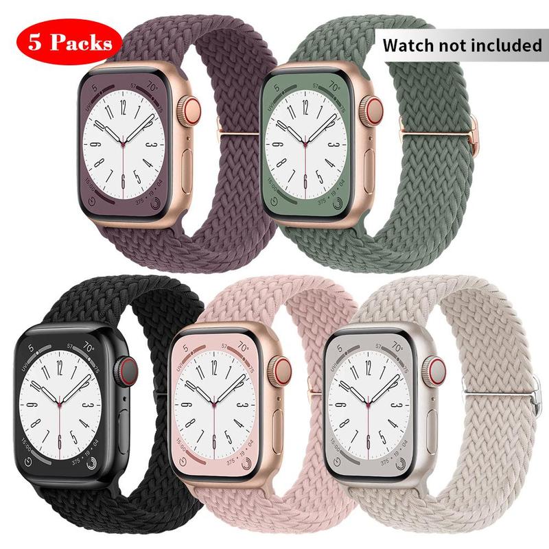 Braided Stretchy Nylon Smart Watch Band for Summer, 5 Counts Durable Sport Elastic Nylon Cloth Watch Wristband for iWatch Series 9 8 SE 7 6 5 4 3 2 1 Smartwatches, Adjustable Fashion Smartwatch Band