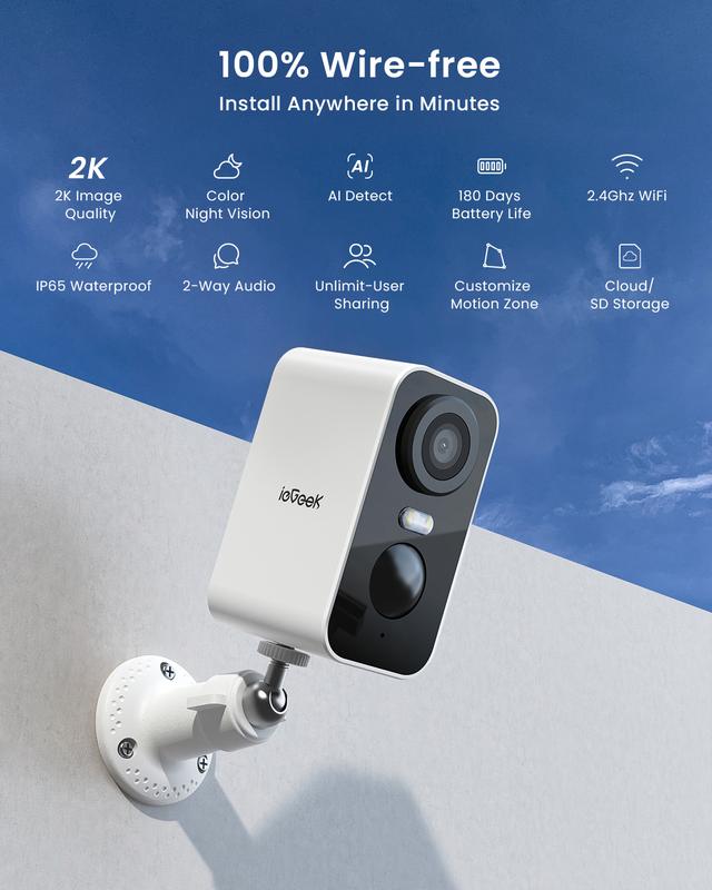 {BUY 1 GET 1}2K HD Wireless Indoor Outdoor Smart Security Cameras, IeGeek GX3S-3MP Battery    WiFi Surveillance  with Spotlight & Siren Alarm, For Home Car Pets , 2-Way Audio, Color Night Vision, AI Detection  , Works with Alexa Connection PanTilt