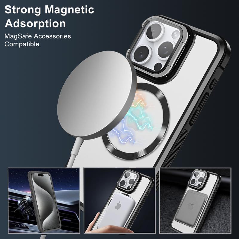 Magnetic Phone Case, Camera Lens Protector and Camera Holder, Shockproof Transparent Shell Scratch-resistant Waterproof and Durable, Suitable for iPhone16 Pro, 15, 14 Plus, 13 Pro Max