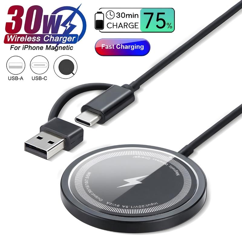 30W Magnetic Wireless Charger For iPhone 16 15 14 13 12 Pro Max Samsung Galaxy S24 S23 S22 Ultra USB Type C Fast Charging Phone Fast Charger Cable Electronic Smartphone Accessories