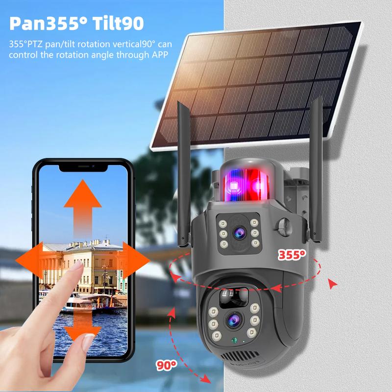 6MP Solar Camera Security Outdoor, Dual Lens (2x3MP) PTZ Wireless Home Security Cameras Outside Surveillance Indoor, Wide Angle 360°, Solar Powered, 2.4GHz WiFi, Human Detect, Color Night Vision