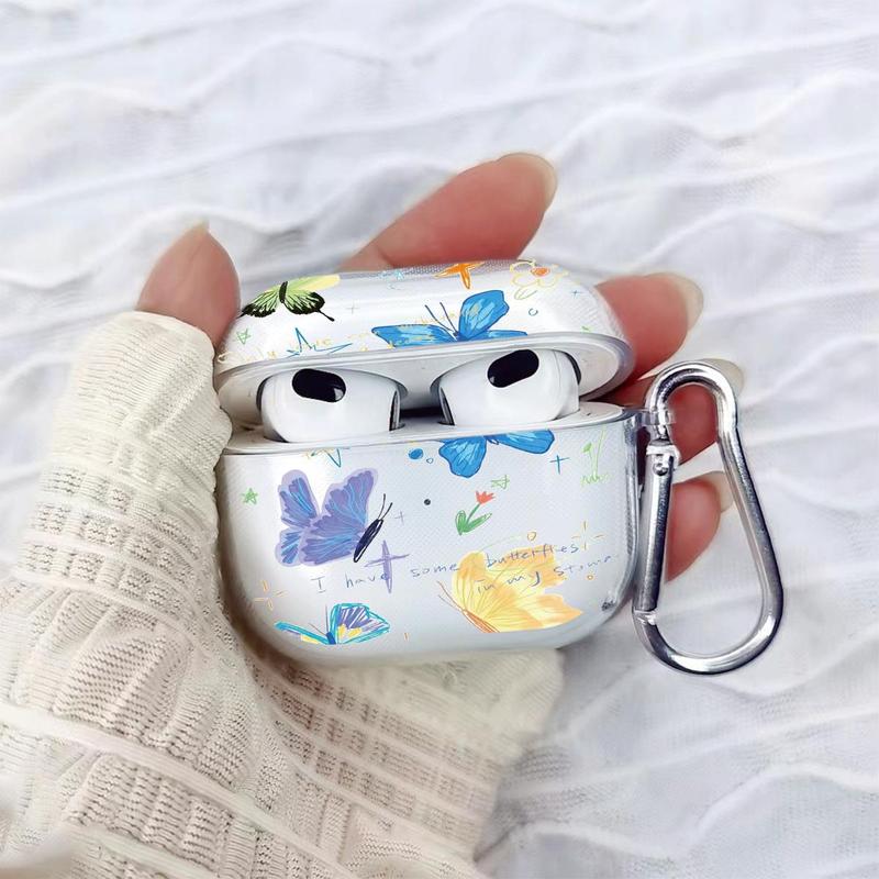 Butterfly Pattern Earphone Case with Keychain, 1 Count Transparent Earphone Case with Keychain, Cute Cartoon Earphone Protector Cover for Airpods