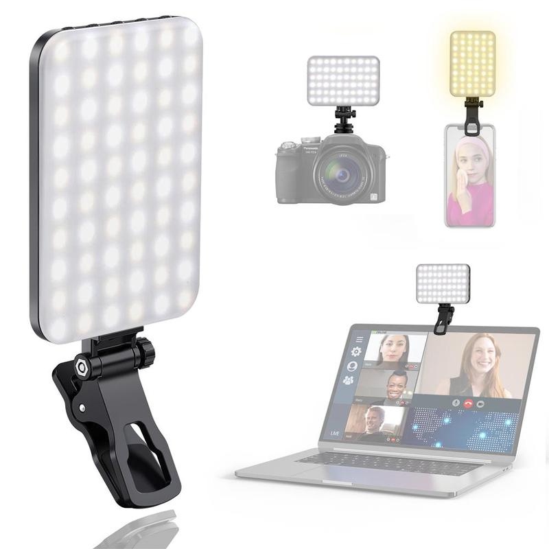 Portable LED Selfie Light with Front & Back Phone Clip, 3 Light Modes Clip on Ring Light for Tablet Camera Tripod, Rechargeable Camera Fill Light for Selfie