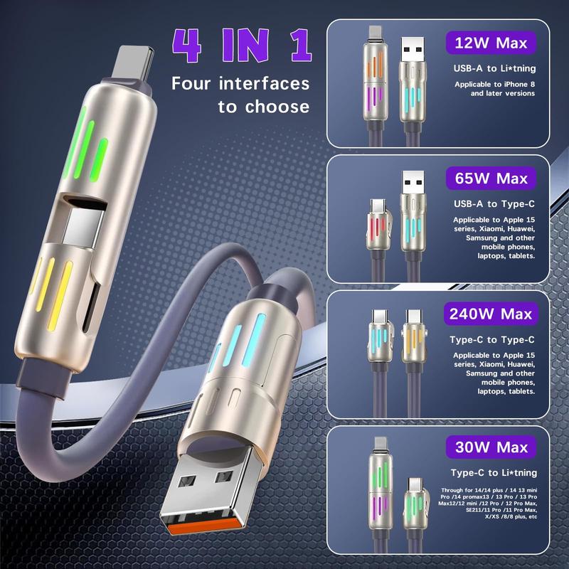 5ft 240W 4-in-1 USB Charging Cable-mfish Fast Charging for A+ TYPE Cand Lightning fast charge for iphone13 14 15 16,huawei, Android,Smartphone