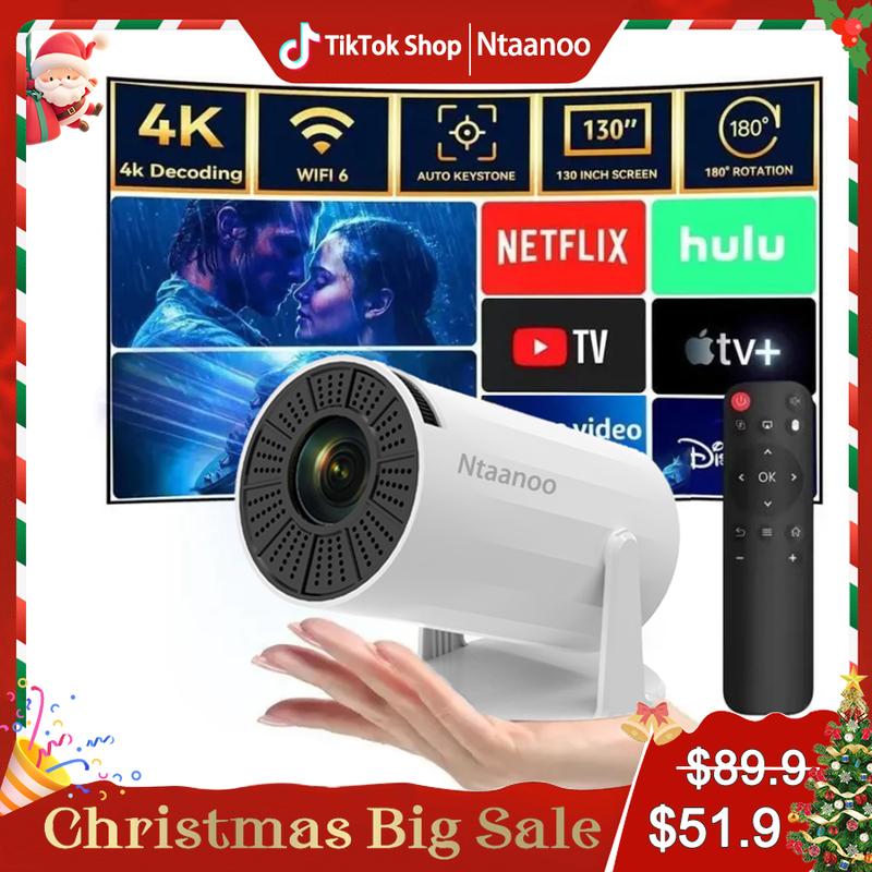 [Christmas Sale] Ntaanoo 2025 New Mini Projector, Portable 4K 1080P Full HD, Smart 5G WiFi6 BT5.0, Auto Level Correction, 180° Rotatable Outdoor Projector for Mobile Phone TV Stick Laptop.