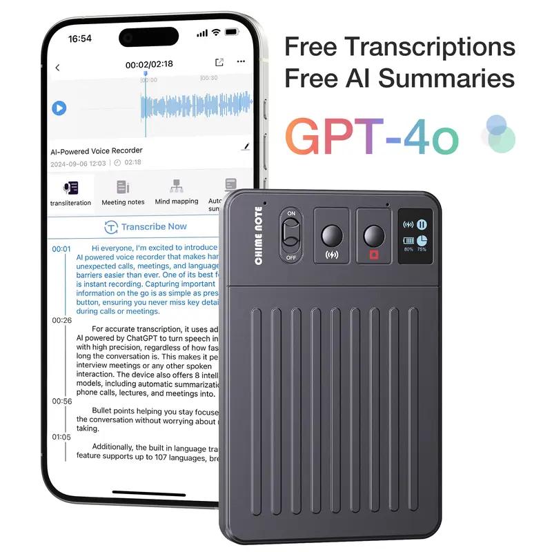 CHIME NOTE PRO Al voice recorder, no subscription required, ChatGPT 4.0 supports 107 languages. Summarization, transcription, MagSafe charging and voice translation functions. Call and note recording, one-touch recording, 64GB memory and APP control