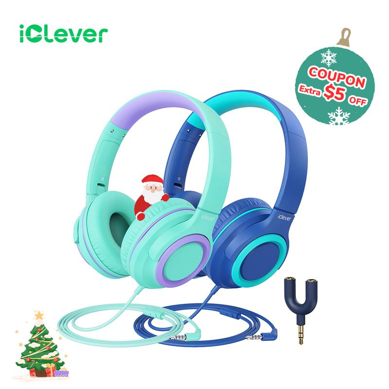 iClever 2-Pack Kids Headphones with Sharing Splitter-HS22 Wired Headphones-Tangle-Free 3.5mm Jack Foldable Stereo Headphones for School Tablet Travel