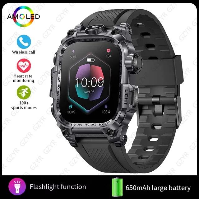 Rugged Military smart watch men 2.01 inch 650 mAh large battery 100 + sports fitness watches with LED flashlight smartwatch 2024