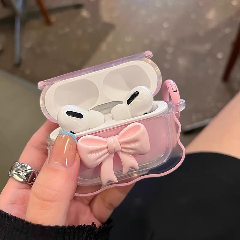 Cute  Clear Case for AirPods Pro 2 1 Gen, Girly 3D Bow Design Soft TPU Protective Shockproof Kawaii Apple iPod Pro 2nd 1st Generation Cover with Cleaner Pen & Keychain Girls Women 2023 2022 2019 - Pink