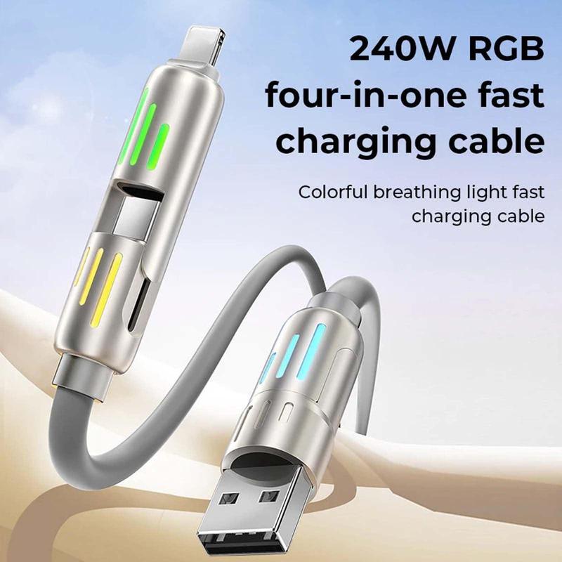 240W 4-in-1 USB C Cable, Multi USB C Charger Cable with Breathing Light, Fast Charging & Data Transfer Cable for iPhone 15 14 13 Pro Pro Max, Samsung, iPad, MacBook