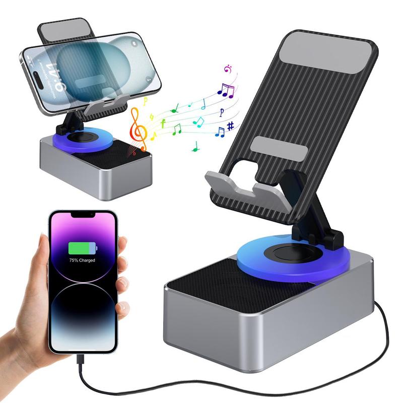 Cell Phone Stand with Wireless Bluetooth Speaker HD Surround Sound, 360 Rotable Angel Adjustable Anti-Slip Base, Perfect for Home Outdoor, Compatible with iPhone iPad Android