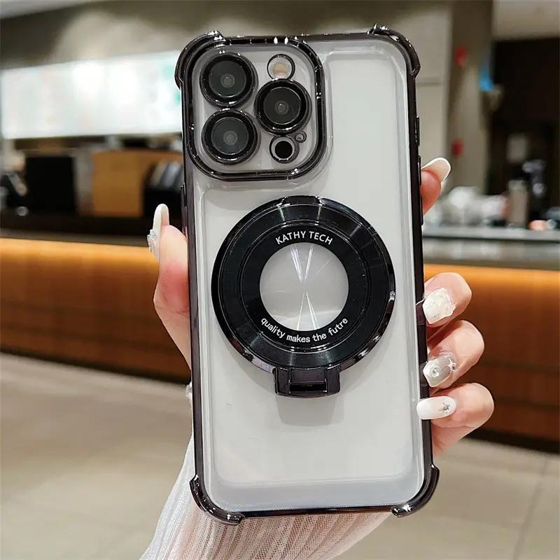 Electroplated Transparent Case for Samsung Galaxy & iPhone 16 Series, Phone Case with Camera Lens Protector, Wireless Charging & Stand Function