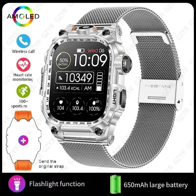 Rugged Military smart watch men 2.01 inch 650 mAh large battery 100 + sports fitness watches with LED flashlight smartwatch 2024