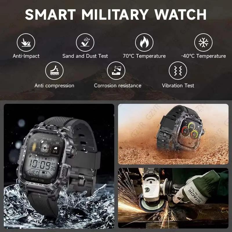 Rugged Military smart watch men 2.01 inch 650 mAh large battery 100 + sports fitness watches with LED flashlight smartwatch 2024