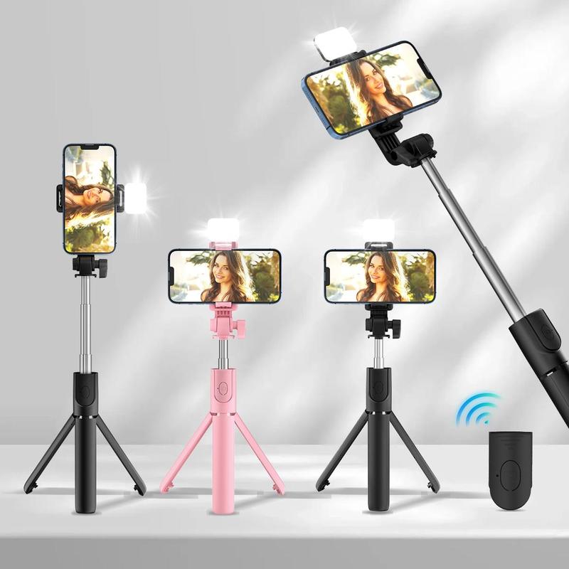 Portable Selfie Stick Tripod, 360 Degree Rotatable Phone Holder with Fill Light, Handheld Selfie Stick for Live Streaming, Vlogging, Photography