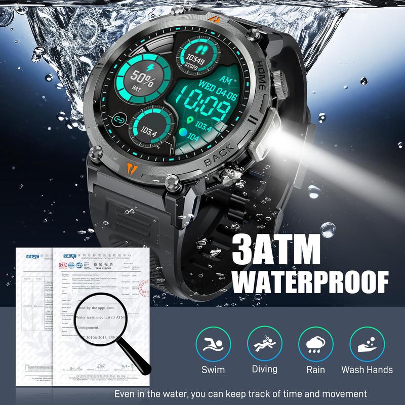 EIGIIS KE3 Smart Watch for Men with LED Flashlight(Answer Make Call) 3ATM Waterproof Rugged Smartwatch with 110+ Sports Mods 1.45’’ HD Digital Watch for Android Phones