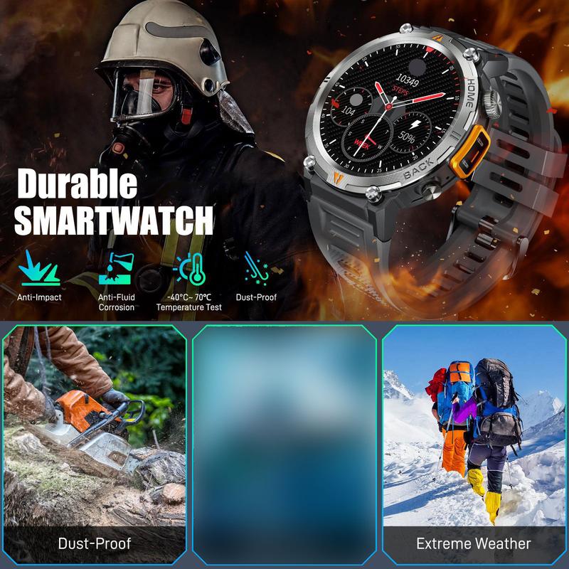 EIGIIS KE3 Smart Watch for Men with LED Flashlight(Answer Make Call) 3ATM Waterproof Rugged Smartwatch with 110+ Sports Mods 1.45’’ HD Digital Watch for Android Phones