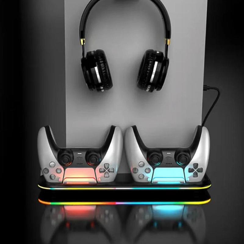 Cooling Station with RGB Light for PS5 Controller, Dual Controller Charging Stand with Headphone Holder & 6 Game Slot, Controller Charger Station, Gaming Console Accessories for PS5 Controller, Controller Grips, Gaming Room Supplies, Stocking Fillers Gift