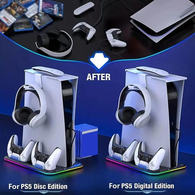 Cooling Station with RGB Light for PS5 Controller, Dual Controller Charging Stand with Headphone Holder & 6 Game Slot, Controller Charger Station, Gaming Console Accessories for PS5 Controller, Controller Grips, Gaming Room Supplies, Stocking Fillers Gift