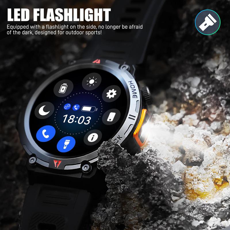 EIGIIS KE3 Smart Watch for Men with LED Flashlight(Answer Make Call) 3ATM Waterproof Rugged Smartwatch with 110+ Sports Mods 1.45’’ HD Digital Watch for Android Phones