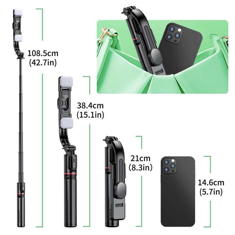 Wireless Selfie Stick Tripod, Bluetooth-compatible Selfie Stick with Detachable Fill Light, 360° Rotatable Phone Tripod Stand for Android & iOS