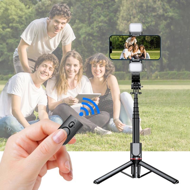 Wireless Selfie Stick Tripod, Bluetooth-compatible Selfie Stick with Detachable Fill Light, 360° Rotatable Phone Tripod Stand for Android & iOS