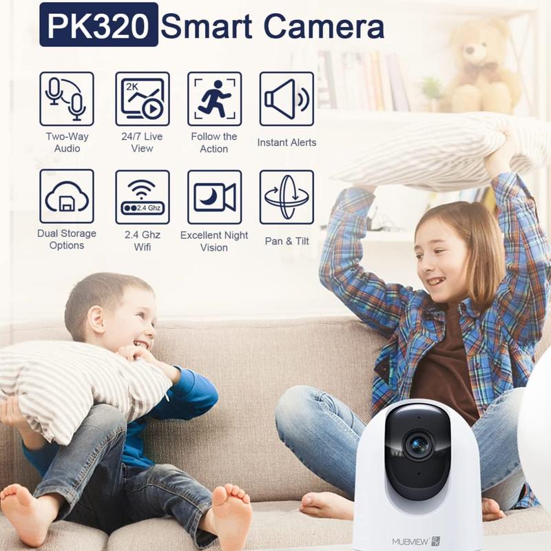 PK320 2K Indoor 360° Security Camera: 2.4GHz 5GHz WiFi,Night Vision,AI,2-Way Talk,AI Motion Detection,Cloud Storage,No monthly fee,Baby Monitor With APP