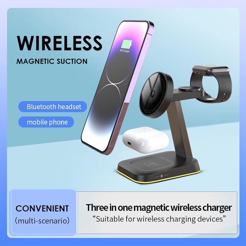 3 in 1 Wireless Charger, 15W Fast Magnetic Charging Station, Wireless Charging Stand Compatible with iPhone 15 14 13 12 11 Series, AirPods Pro 3 2, iWatch Ultra 9 8 7 6 5 4 3 2 SE, Stocking Fillers Gift