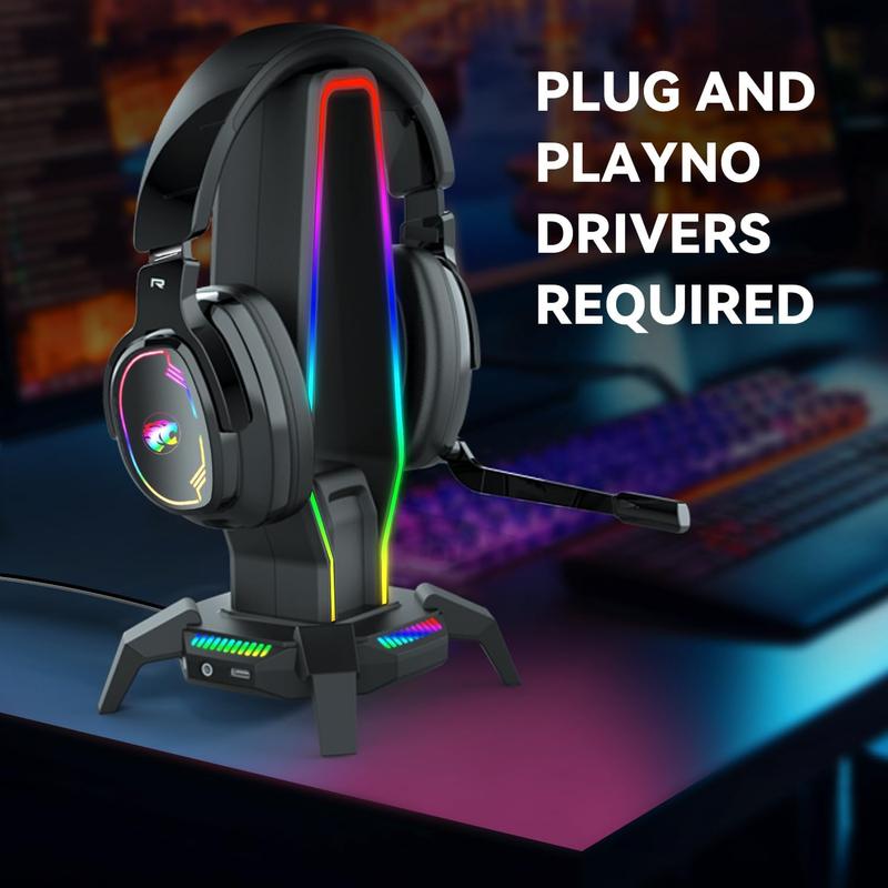 RGB Headphone Stand with 3 USB 3.0, 8 Light Modes Holder for Gaming Headsets, Controller Stand with Type-C Port, 3.5mm Jack Port, Earphone Hanger Accessories for Desktop Gamer(Black)