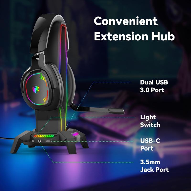 RGB Headphone Stand with 3 USB 3.0, 8 Light Modes Holder for Gaming Headsets, Controller Stand with Type-C Port, 3.5mm Jack Port, Earphone Hanger Accessories for Desktop Gamer(Black)