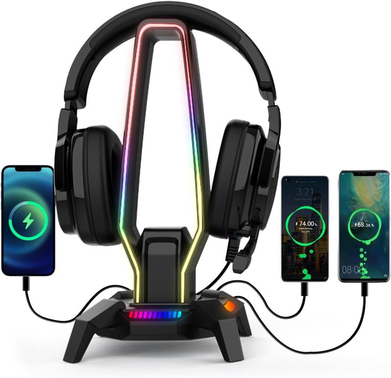 RGB Headphone Stand with 3 USB 3.0, 8 Light Modes Holder for Gaming Headsets, Controller Stand with Type-C Port, 3.5mm Jack Port, Earphone Hanger Accessories for Desktop Gamer(Black)