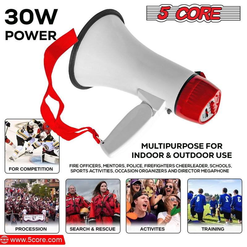 5 Core Megaphone Bullhorn Speaker 30W Bull Horn Battery Power Mini Cheer Megafono 800 Feet Range Loudspeaker W Siren Recording Ergonomic Handle for Coaches Football Baseball Cheerleading - 6R